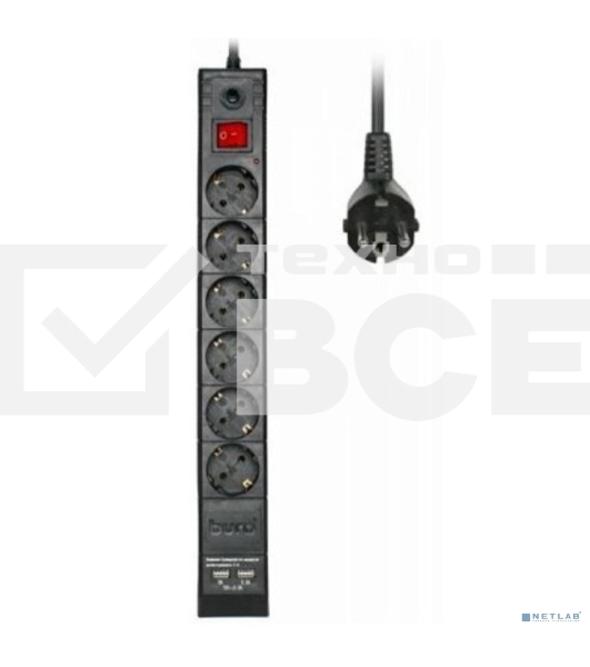 Сетевой фильтр Buro BU-SP3_USB_2A-B 3м (6 розеток) черный (коробка)