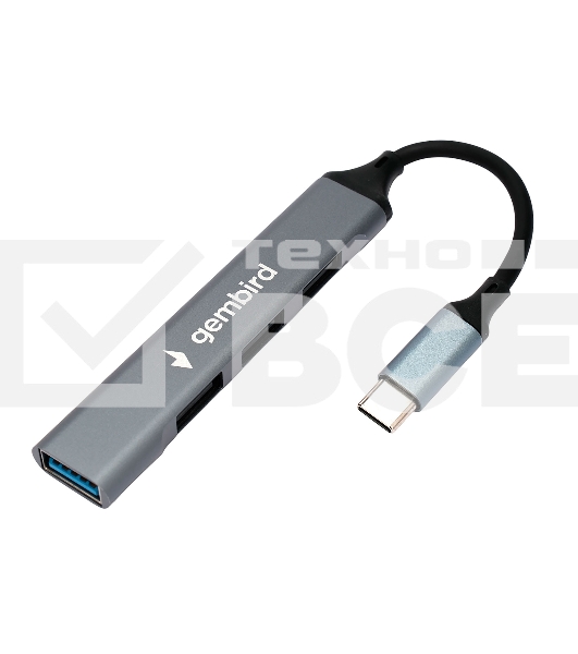 Разветвитель USB3.0/2.0 Gembird UHB-C202, USB3.0, 3xUSB2.0, кабель Type-C 10 см, алюминий, пакет