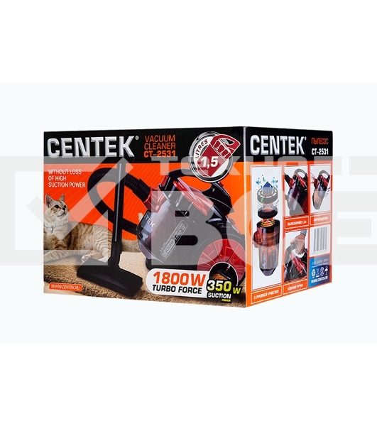 Пылесос Centek CT-2531 (красн/черн) мультициклон 1800/350Вт, стакан 1,5 л, телескоп металл. трубка