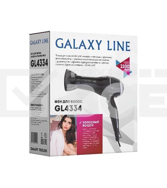 Фен для волос Galaxy Line GL 4334, черный, 2100 Вт, 2 скорости потока воздуха, 3 температурных режима, функция «холодный воздух», насадка-концентратор, подвесная петля, длина шнура питания 190 см