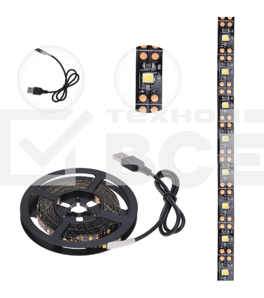 Лента LED с USB-коннектором 5 В IP23 SMD 2835 60 LED/м 3 м теплый белый (2700 K) LAMPER
