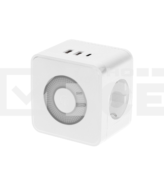 Двойник электрический Куб 16А с заземлением + 2хUSB-A 2,4А + USB Type-C 3А с ночной подсветкой, белый Rexant