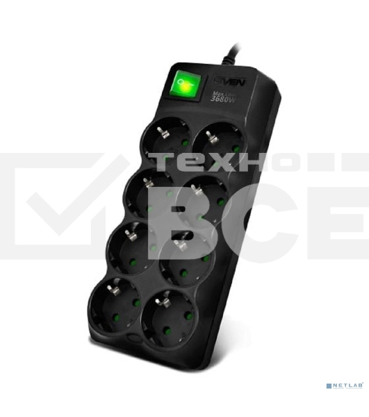 Сетевой фильтр SVEN SF-08E-16 (1,8 м 8 розеток с защитными шторками,16А) черный, цветная коробка