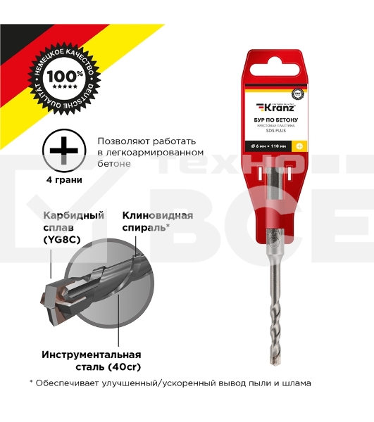 Бур по бетону 6x110x50 мм крестовая пластина SDS PLUS  Kranz