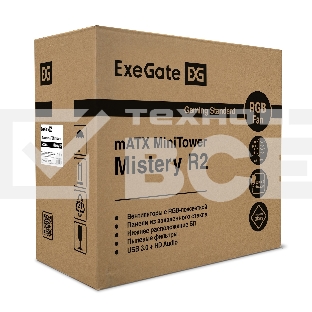 Компьютерный корпус Minitower Exegate EX294384RUS Mistery R2 (mATX, без БП, 2*USB+1*USB3.0, аудио, черный, 1 вент. 12см с RGB подсветкой и полоса на передней панели, боковая панель - закаленное стекло)