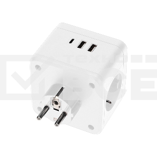 Двойник электрический Куб 16А с заземлением + 2хUSB-A 2,4А + USB Type-C 3А с ночной подсветкой, белый Rexant
