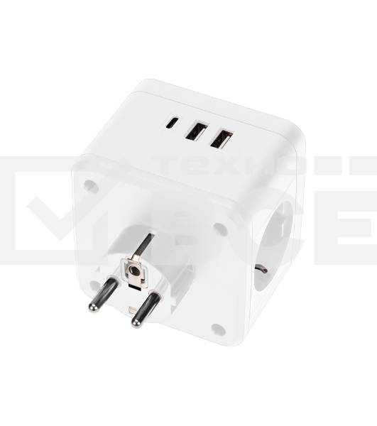Двойник электрический Куб 16А с заземлением + 2хUSB-A 2,4А + USB Type-C 3А с ночной подсветкой, белый Rexant