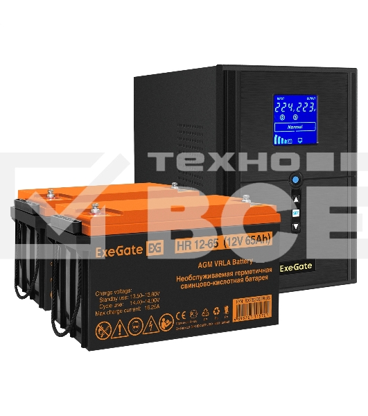 Комплект Источник бесперебойного питания EX295989RUS + батарея 65Aч EX282982RUS 2шт (инвертор, синус, для котла) ExeGate SineTower SZ-2000.LCD.AVR.3SH.1C13.USB <2000VA/1600W, чистый синусоида, LCD дисплей, AVR, 3*Schuko+1*C13, USB, линейно-интерактивный, 