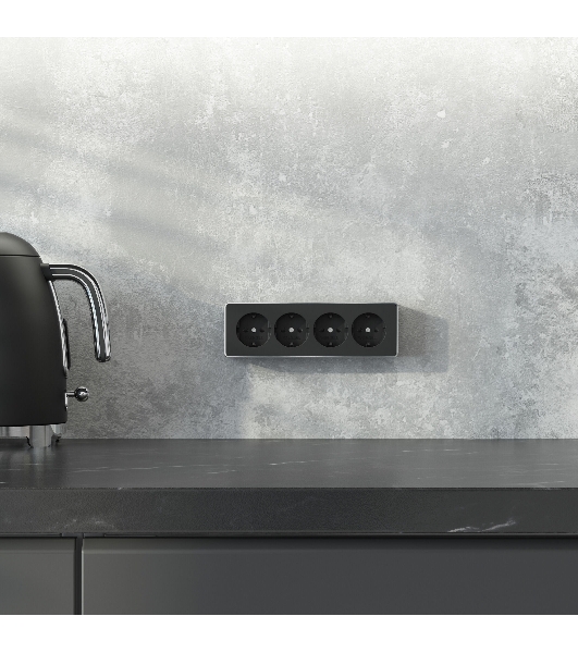 Розетка четверная с заземлением и шторками Gallant (черный/хром)