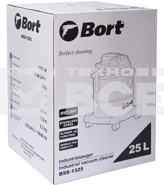 Пылесос строительный Bort BSS-1325 [91272218] { 1300 Вт, вместимость 25 л, 29 л/сек, 5,3 кг, набор аксессуаров 6 шт }