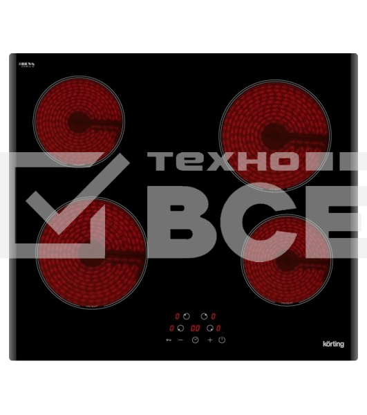 Встраиваемая электрическая панель Korting HK 60003 B Стеклокерамика, ширина 60 см, сенсорное управление, 4 зоны нагрева, таймер, LED индикация для каждой зоны, индикация остаточного тепла, автоматическое отключение, функция 