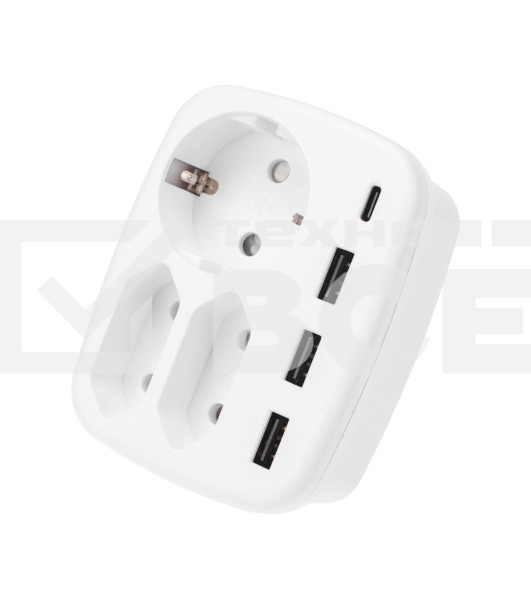 Тройник электрический 16А + 2х2,5А с заземлением + 3хUSB-A 2,4А + USB Type-C 3А, белый Rexant