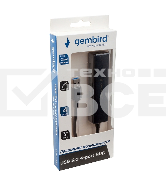 Концентратор USB 3.0 Gembird UHB-C354, 4 порта, с доп питанием