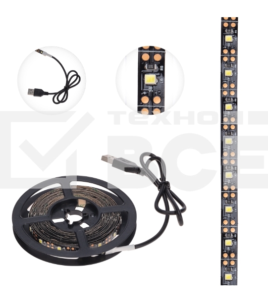 Лента LED с USB-коннектором 5 В, IP23, SMD 2835, 60 LED/м 3 м белый (6500 K) LAMPER
