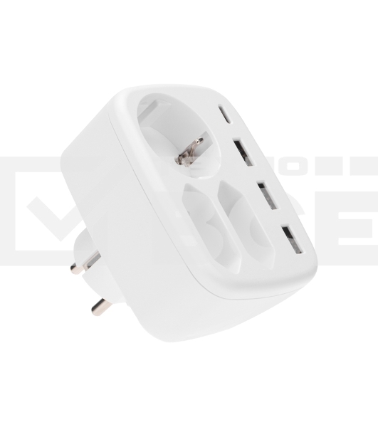 Тройник электрический 16А + 2х2,5А с заземлением + 3хUSB-A 2,4А + USB Type-C 3А, белый Rexant