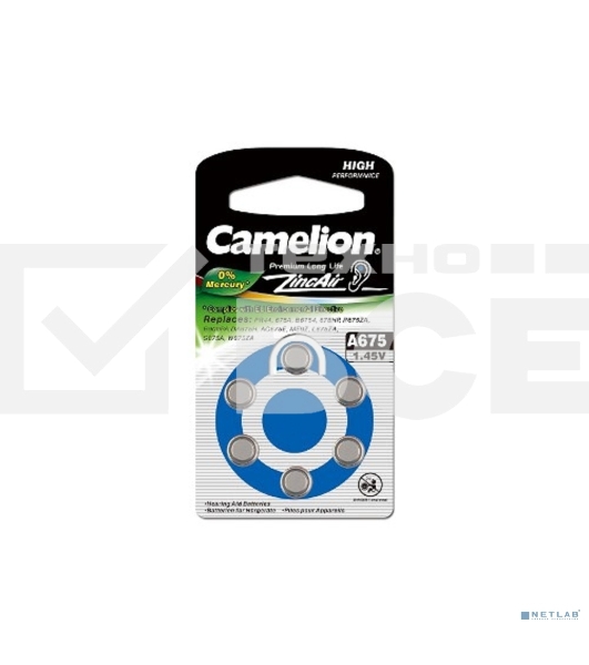 Батарейка для слуховых аппаратов Camelion ZA675 BL-6 Mercury Free (0%Hg), 1.4 V,620mAh)