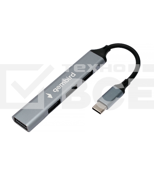 Разветвитель USB2.0 Gembird UHB-C201, 4xUSB2.0, кабель Type-C 10см, алюминий, пакет