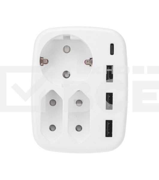 Тройник электрический 16А + 2х2,5А с заземлением + 3хUSB-A 2,4А + USB Type-C 3А, белый Rexant
