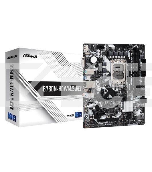 Материнская плата ASRock B760M-HDV/M.2 D4, LGA 1700, Intel B760, 2xDDR4, 4xSATA, 2xM.2, 1xPCIe 4.0 x16, 2xPCIe x1, 1xDP, 1xHDMI, 1xVGA, 1x 1Gb LAN, 2xUSB-A 3.2 Gen 1, 3xUSB 2.0, 3x3.5 мм, 7.1, mATX