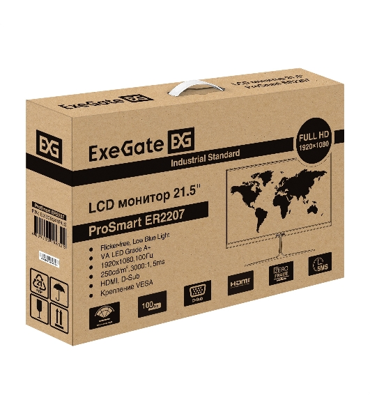 Монитор 21.5' 100 Гц ExeGate ProSmart ER2207 (VA LED Grade A+, FHD, 1920x1080@100Гц, 16:9, 250cd/m2, 3000:1, 178°/178°, 5ms, D-Sub, HDMI, Flicker-free, Low Blue Light, кабель HDMI 1.5м, VESA, регулировка наклона (tilt), черный)