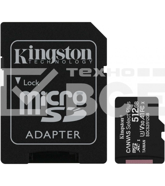 Флеш карта microSDHC 512GB microSDXC Class10 Kingston <SDCS2/512GB> UHS-I Canvas Select up to 100MB/s с адапт.