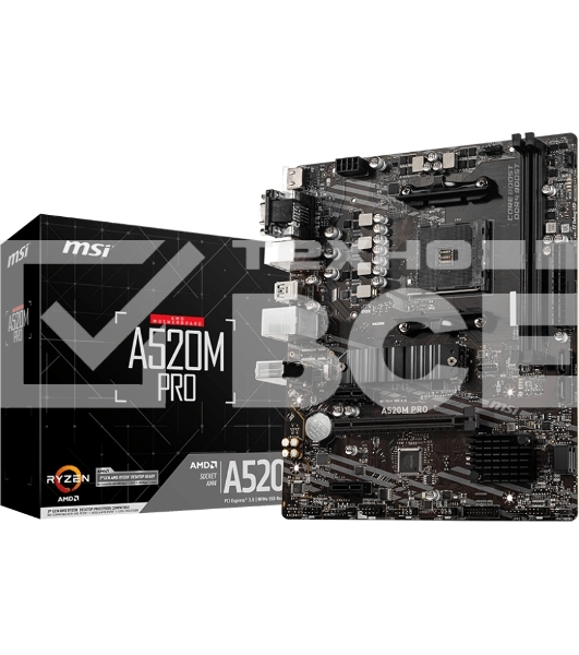 Материнская плата MSI A520M PRO, AM4, AMD A520, 2xDDR4, 4xSATA, 1xM.2, 1xPCIe 3.0 x16, 1xDVI-D, 1xHDMI, 1x 1Gb LAN, 2xUSB 2.0, 4xUSB 3.2 Gen 1, 3x3.5 мм, 7.1, mATX