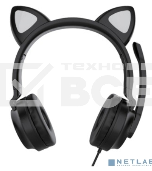 Гарнитура для игр и стриминга с подсветкой, складная, Qumo Game Cat Black (GHS 0034), подключение 1х3,5 Jack + питание USB