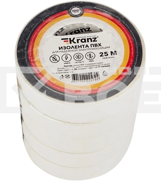 Изолента ПВХ KRANZ 0.13х19 мм, 25 м, белая (5 шт./уп.)