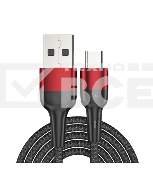 Кабель USB-A – Type-C, 5А, 50Вт, 1м, в черной нейлоновой оплетке Rexant