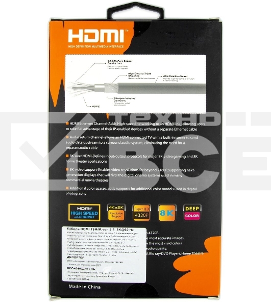 Кабель HDMI 19M/M,ver. 2.1, 8K@60 Hz 2m метал разъемы, нейлоновая оплетка Telecom <TCG300-2M>
