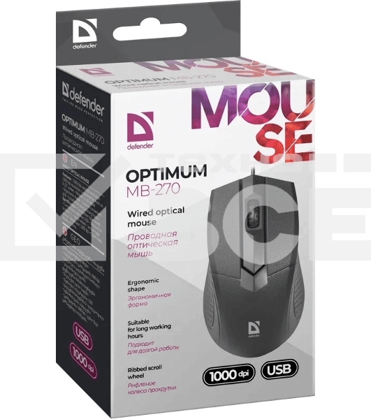 Мышь проводная Defender Optimum MB-270 черный, 1000 dpi, USB, кнопки - 3