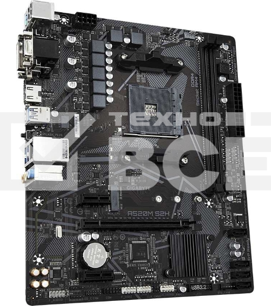 Материнская плата Gigabyte A520M S2H, AM4, AMD A520, 2xDDR4, 4xSATA, 1xM.2, 1xPCIe 3.0 x16, 2xPCIe x1, 1xHDMI, 1xDVI-D, 1xVGA, 1x 1Gb LAN, 4xUSB-A 3.2 Gen 1, 2xUSB-A 2.0, 3x3.5 мм, 7.1, mATX
