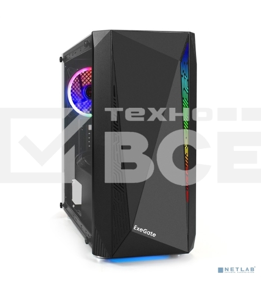 Компьютерный корпус Minitower Exegate EX294384RUS Mistery R2 (mATX, без БП, 2*USB+1*USB3.0, аудио, черный, 1 вент. 12см с RGB подсветкой и полоса на передней панели, боковая панель - закаленное стекло)