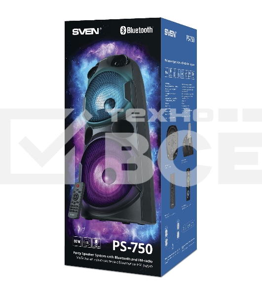 Колонка АС Sven PS-750, черный (80 Вт, TWS, Bluetooth, FM, USB, microSD, LED-дисплей, 2х4400мА*ч)