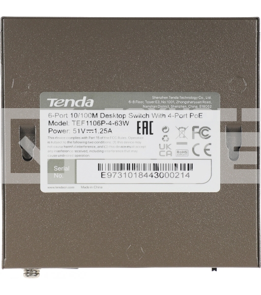 Коммутатор Tenda TEF1106P-4-63W 6PORT 100M 4POE