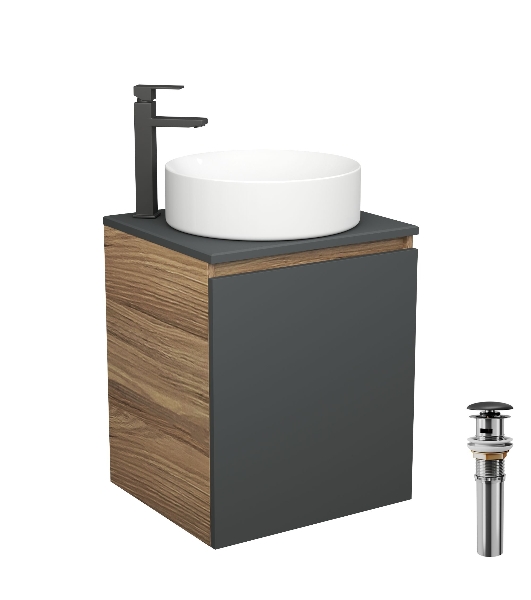 Тумба Bau Dream Blackwood 50 графит, раковина BAU Dream круглая D41, смеситель для раковины высокий Hotel Black, черный, выпуск клик клак, черный