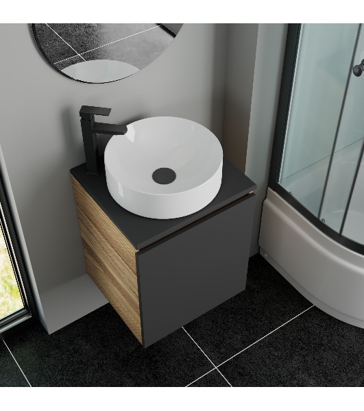 Тумба Bau Dream Blackwood 50 графит, раковина BAU Dream круглая D41, смеситель для раковины высокий Hotel Black, черный, выпуск клик клак, черный