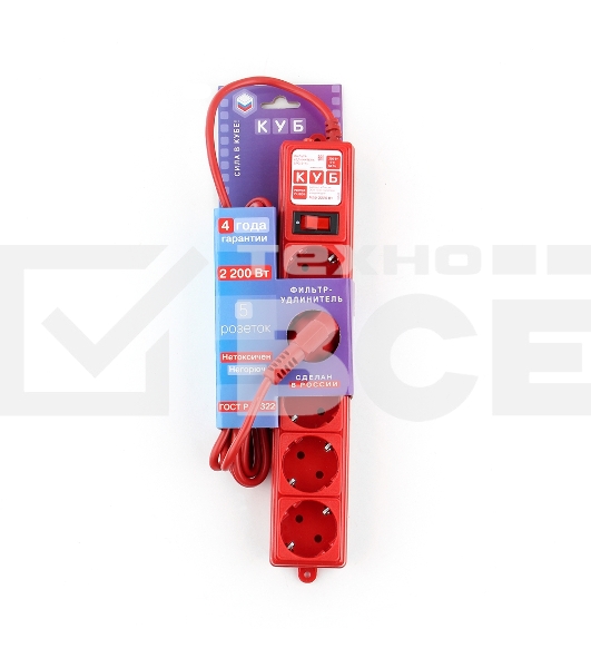 Фильтр-удл. Power Cube PC 3м 5р, красн. 10А/2,2кВт