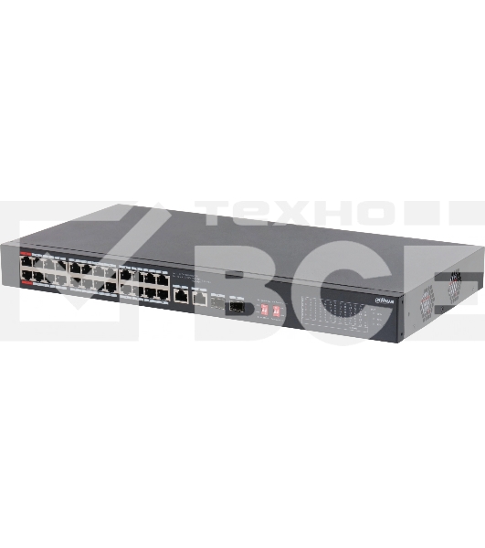Неуправляемый 24-портовый коммутатор DAHUA DH-S3226-24ET-240 с РоЕ, 24xRJ45 100Mb PoE, 2хКомбо SFP/RJ45 1Gb uplink, суммарно 240Вт, коммутация 8.8 Гбит/с, MAC-таблица 8К