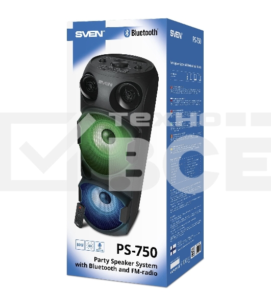Колонка АС Sven PS-750, черный (80 Вт, TWS, Bluetooth, FM, USB, microSD, LED-дисплей, 2х4400мА*ч)