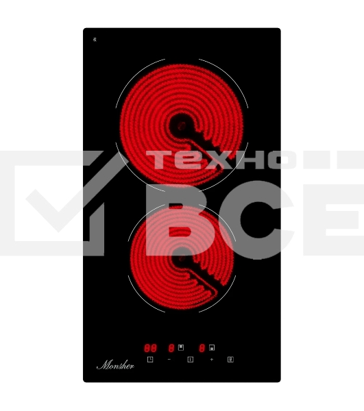 Варочная панель Monsher, High-Tech, Hi-Light, 30 см, 2 конфорки, 9 уровней мощности, сенсорное управление, автоматическое отключение, индикация остаточного тепла, таймер, черный