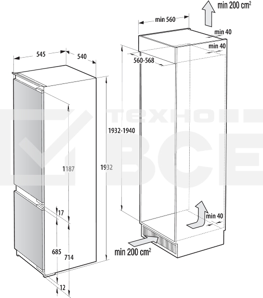 Встраиваемый холодильник Gorenje NRKI519E82WF, 193 см, электронное управление, цифровой дисплей, Wi-Fi, NoFrost Dual, Multiflow 360, контейнер CrispZone с контролем влажности, функция ConvertActive, AdaptTech, MultiAdjust, жесткое крепление, инверторный компрессор, уровень шума 35 дБ