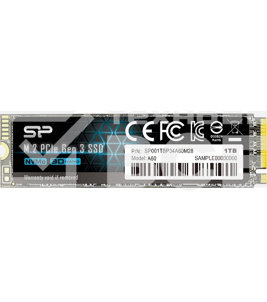 Накопитель SSD Silicon Power P34A60, 1Tb, PCIe 3.0 x4, M.2 2280, NVMe, R/W 2200/1600