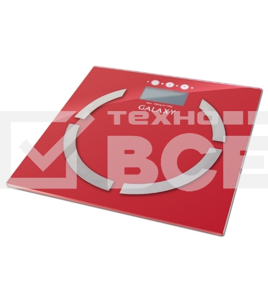 Весы многофункциональные Galaxy GL 4851, красный, электронные, эл. пит. «CR2032» в компл., макс вес 180 кг, сверхточ. элек. сенс. сист., ЖК-дисплей, авто. откл., индик. перег. и низ. зар., пам. изм. веса (10 чел.), опр. ур. жир., мышеч., кост. массы