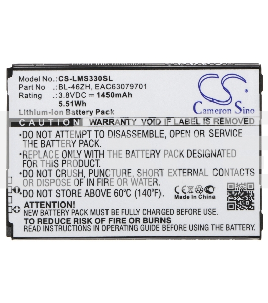 Аккумулятор CameronSinoCS-LMS330SL BL-46ZH для LG AS330, AS3753.8V / 1450mAh / 5.51Wh