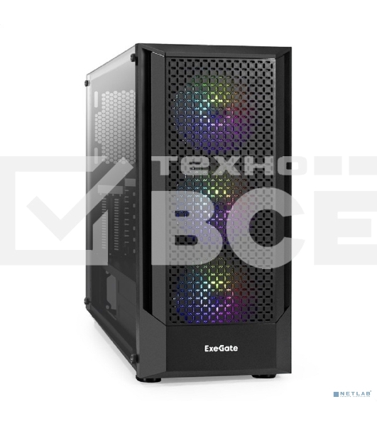 Корпус Miditower ExeGate EVO-8227 (ATX, без БП, 2*USB+1*USB3.0+HD Audio, черный, 3 вент. с RGB подсветкой, боковая панель - закаленное стекло)