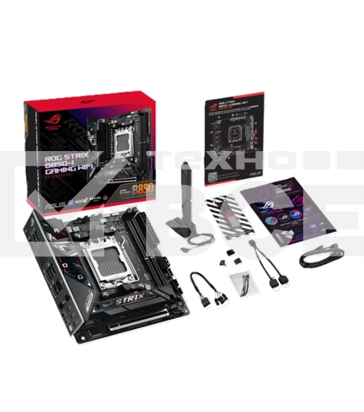 Материнская плата ASUS ROG STRIX B850-I GAMING WIFI, AM5, AMD B850, 2xDDR5, 2xM.2, 2xSATA, PCIe 4.0 x16, 1xHDMI, 1xUSB Type-C, 1x2.5Gb LAN, Wi-Fi 7, Bluetooth 5.4, 5xUSB-A 10Gbps , 1xUSB-C 20Gbps, 2xUSB-A 2.0, 3x3.5 мм, S/PDIF, 7.1, Mini-ITX