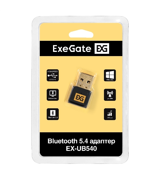 Bluetooth адаптер ExeGate EX-UB540 (BT 5.4, USB HighSpeed 2.0, до 20м, до 7 устройств, Dual-mode Bluetooth, повышенная скорость передачи данных (EDR), сверхнизкое электропотребление (BLE), LE Audio, LC3 codec, поддержка A2DP/SBC/AAC/HSP/AVRCP/HID, Plug & Play, черный)