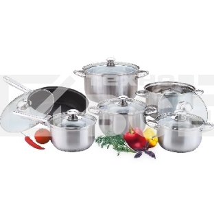 Сковорода Kelli KL-4101C 12 пред. с керамич. покрытием д. 21 см. Ковшик 2 л. Кастрюля 2 л. Кастрюля 2,6 л. Кастрюля 3,6 л. Кастрюля 6.1 л. Высококачественная нерж. сталь 18/10. 5-ти слойное капсульное дно. Жаропрочные стекл. крышки.