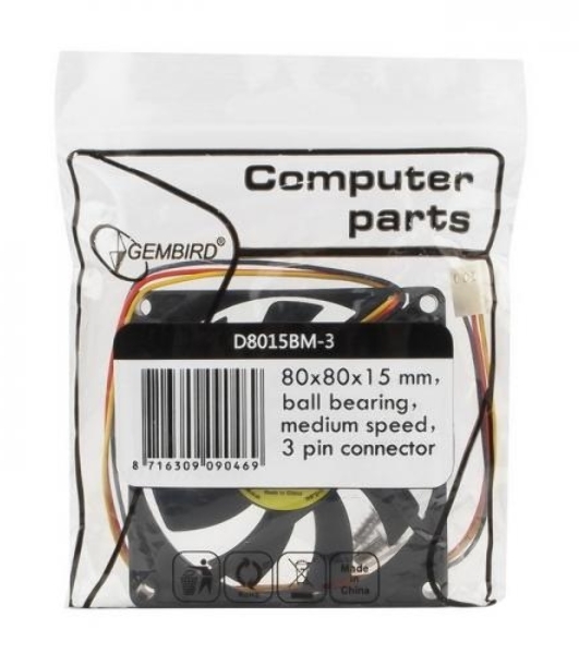 Вентилятор Gembird D8015ВM-3, 80x80x15 подшипник, 3 pin, провод 30 см , OEM 100